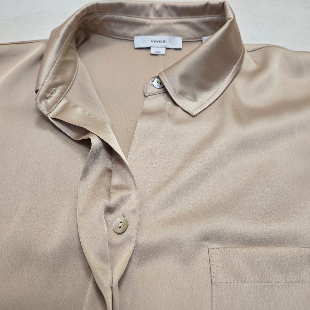 Vince Womens Champagne Beige Satin Relaxed Cropped Button Down Blouse Medium M - Picture 13 of 16